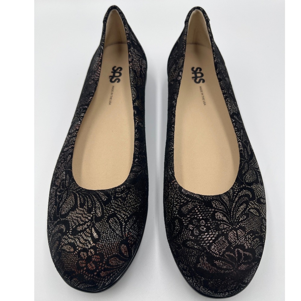 SAS Scenic Black Floral Lace Leather Ballet Flats Womens 10M Comfort NWOB USA